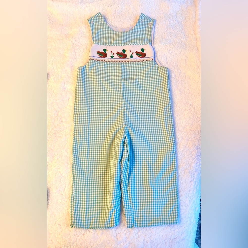 Velani Boys Smocked Green and White Gingham Duck Appliqué Coverall Size 2T